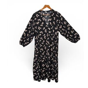 BOHO Cottagecore Whimsigoth Tiered Bishop Sleeve Floral Midi Dress XXL Black